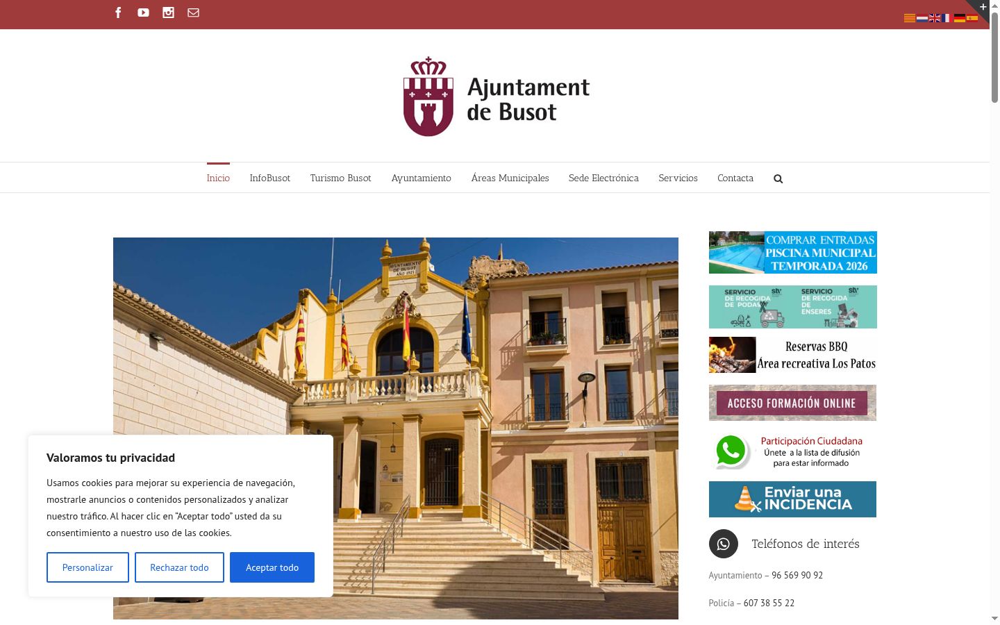 Captura de pantalla del banner de consentimiento mostrado antes de cualquier interacción