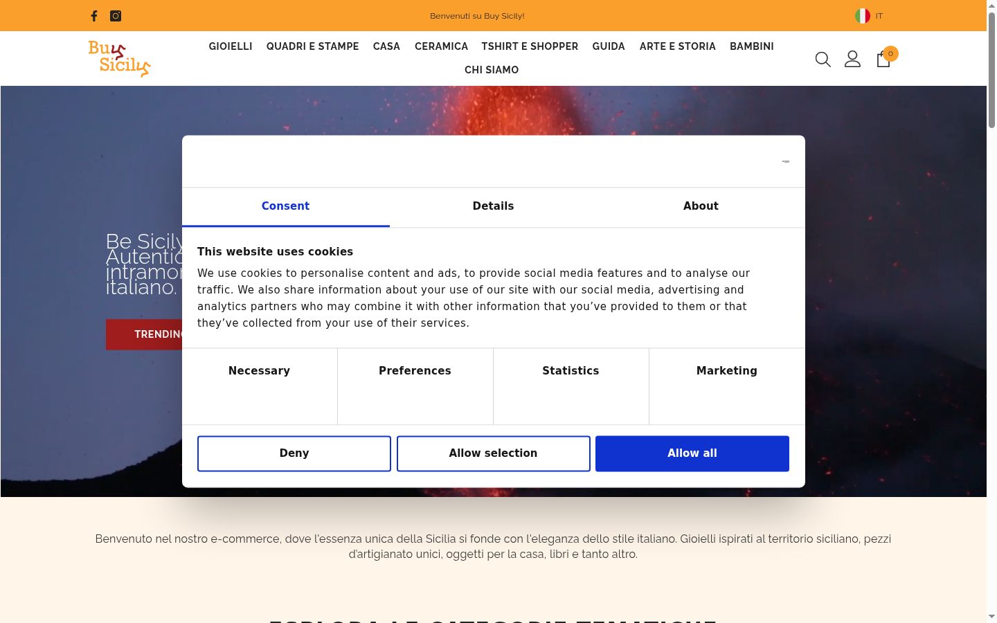 Screenshot del banner di consenso mostrato prima di qualsiasi interazione