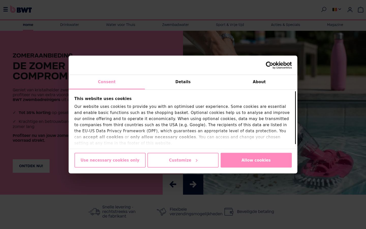 Screenshot van de toestemmingsbanner zoals getoond vóór enige interactie