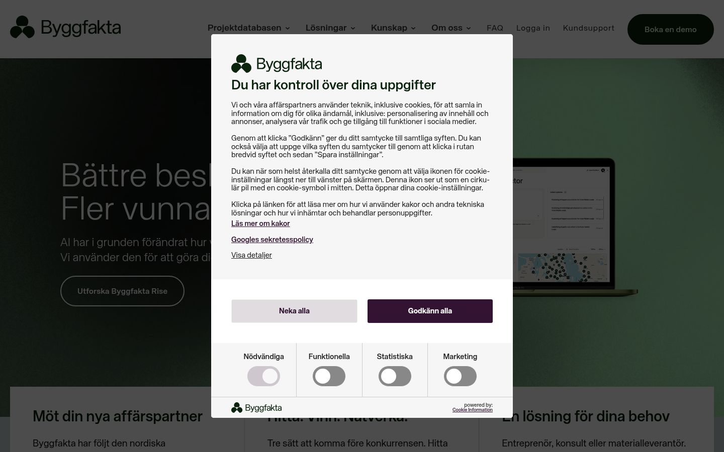 Ekrānuzņēmums ar piekrišanas baneri, kas tika rādīts pirms jebkādas mijiedarbības