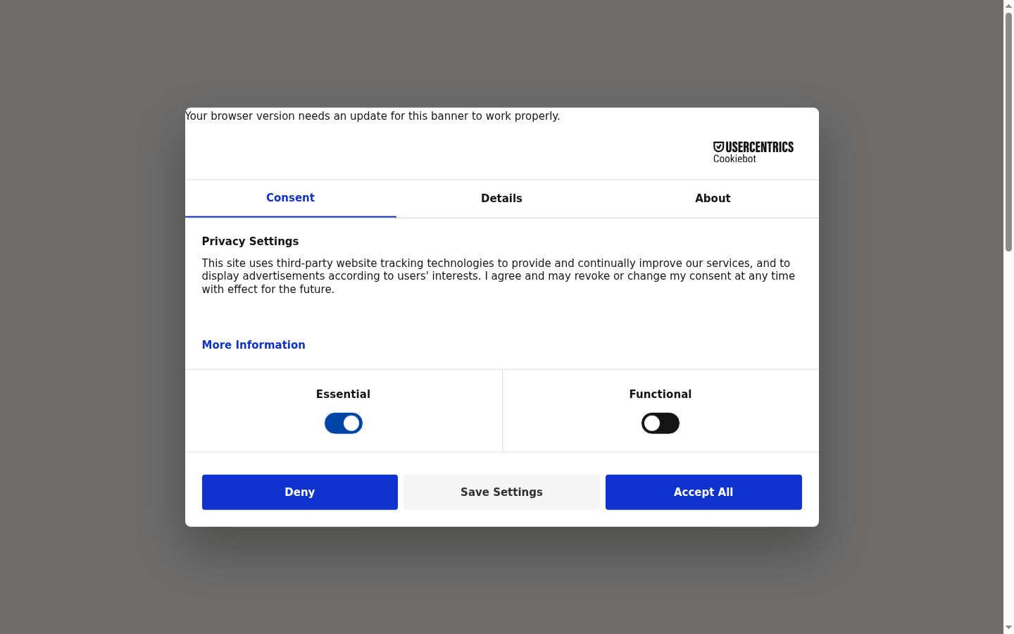 Screenshot del banner di consenso mostrato prima di qualsiasi interazione