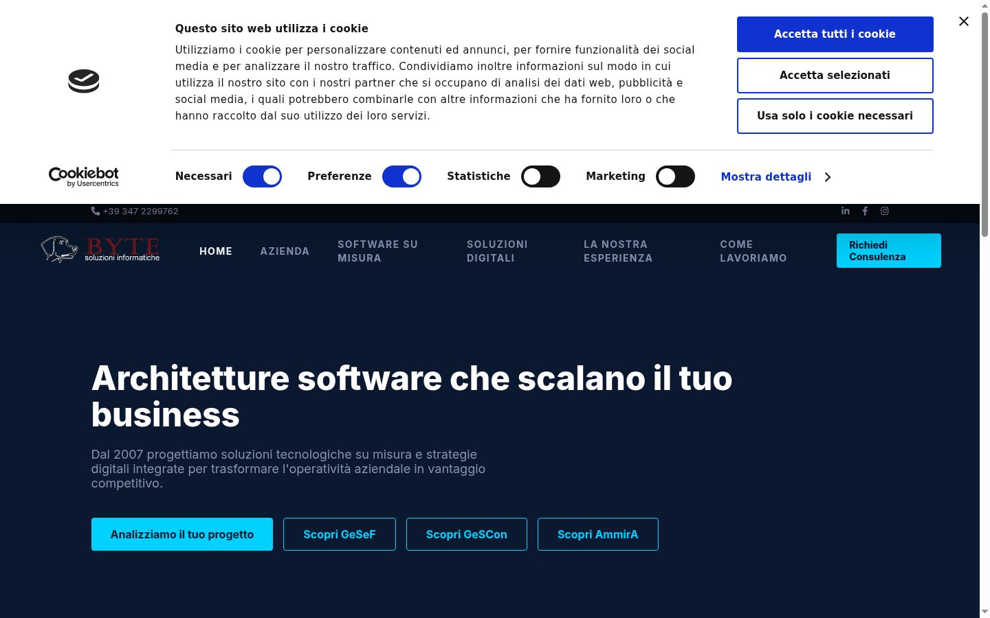 Screenshot del banner di consenso mostrato prima di qualsiasi interazione