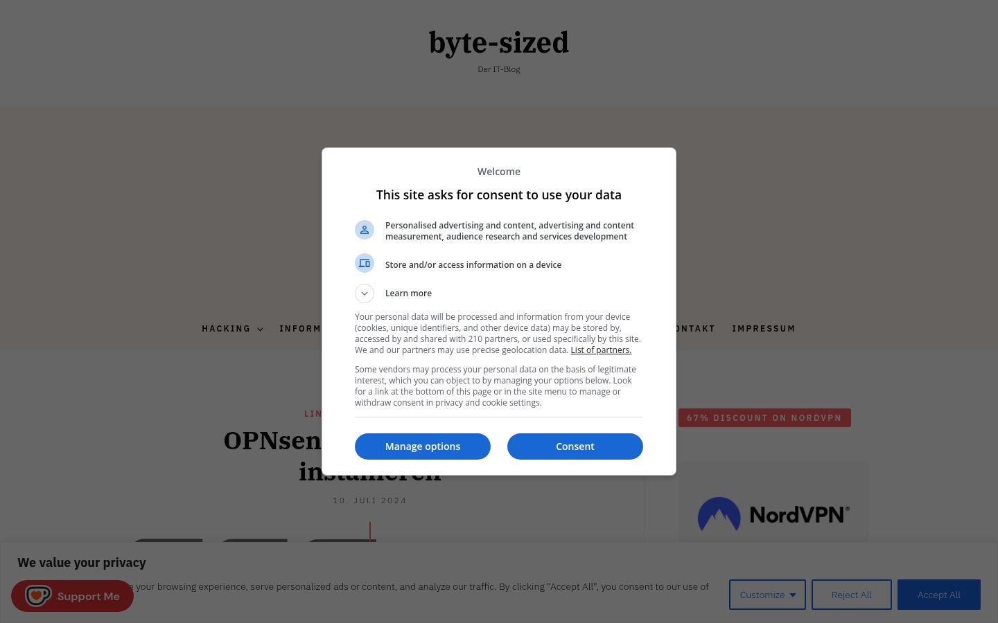 Screenshot του banner συγκατάθεσης που εμφανίστηκε πριν από οποιαδήποτε αλληλεπίδραση
