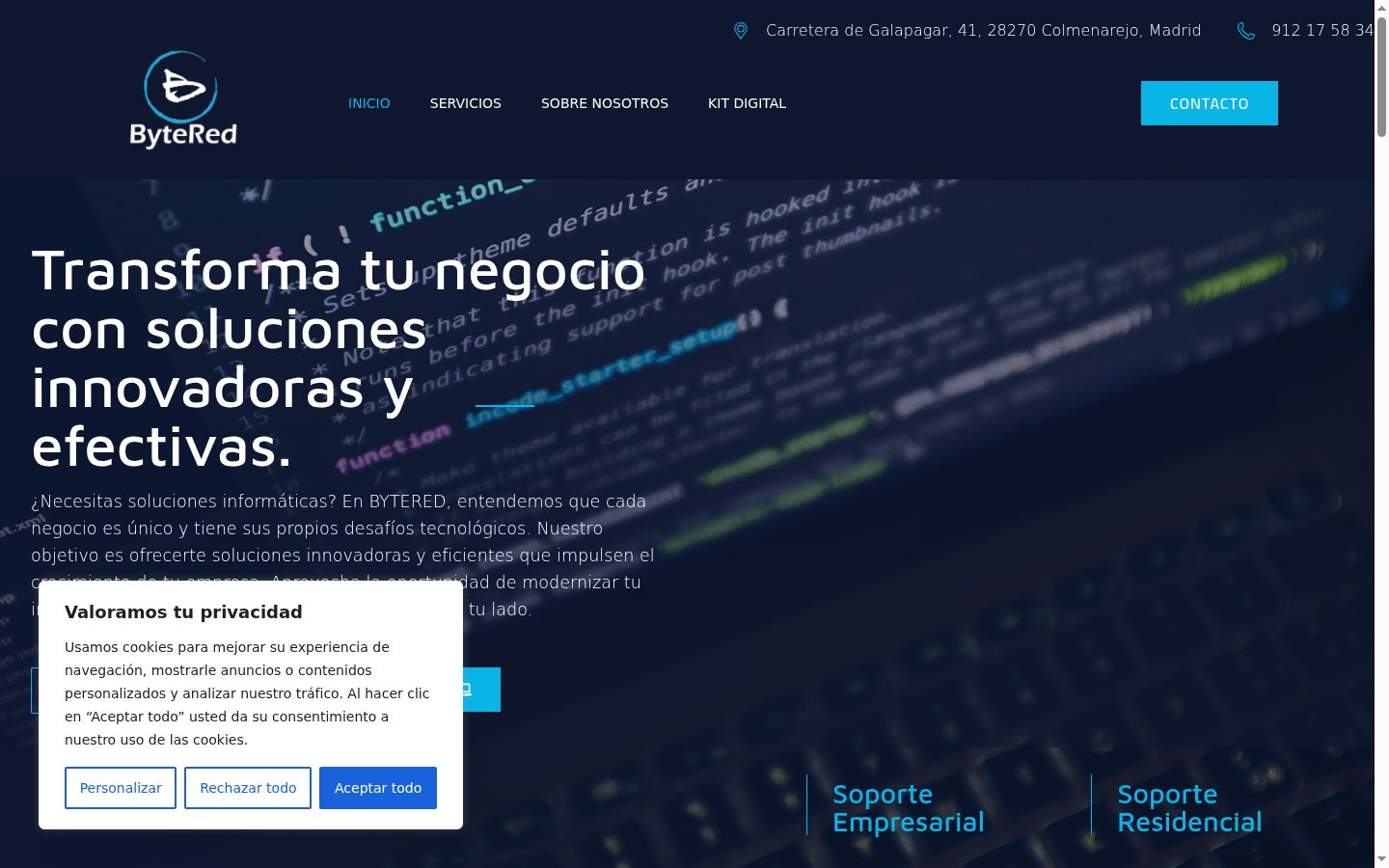 Captura de pantalla del banner de consentimiento mostrado antes de cualquier interacción