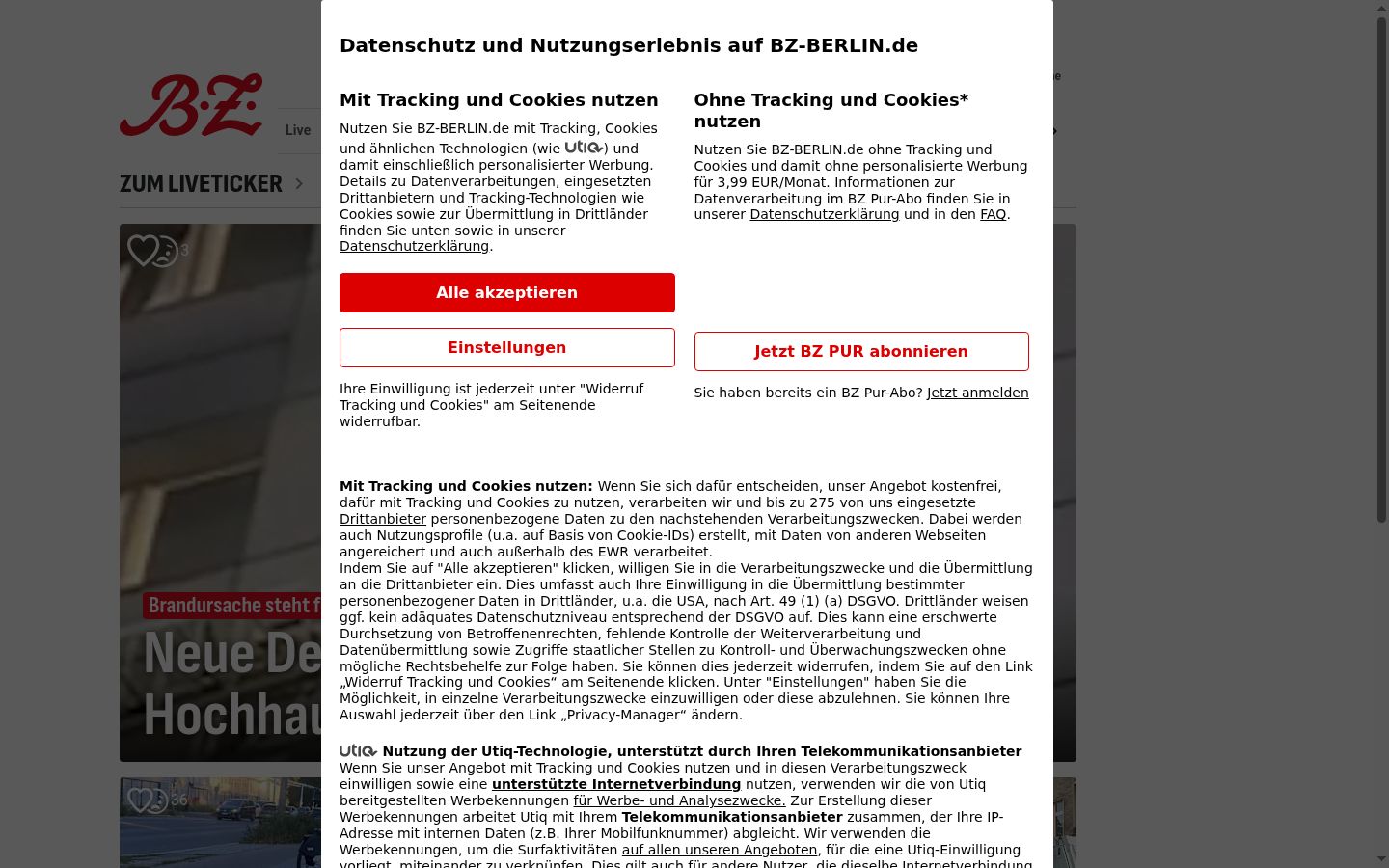 Screenshot des Einwilligungsbanners vor jeglicher Interaktion