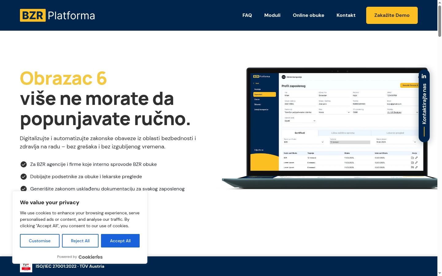 Ekrānuzņēmums ar piekrišanas baneri, kas tika rādīts pirms jebkādas mijiedarbības