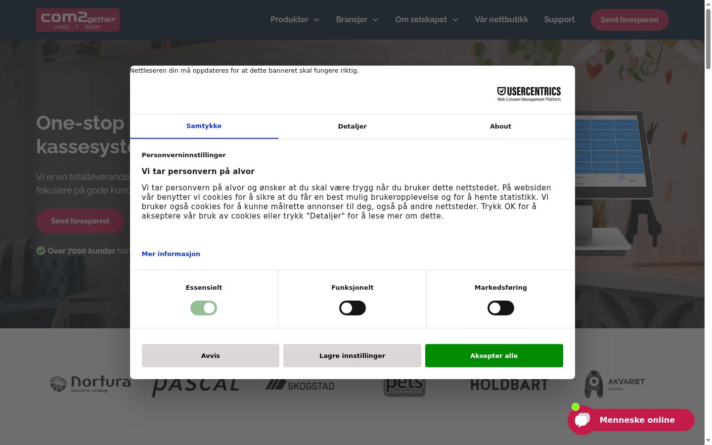 Skärmbild av samtyckesbannern som visades före någon interaktion
