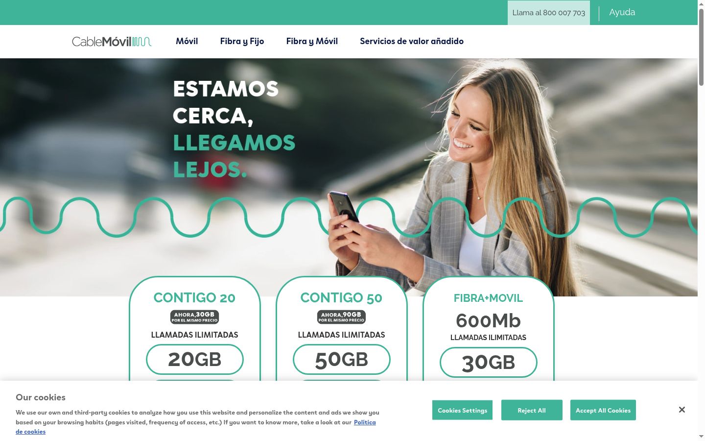 Captura de pantalla del banner de consentimiento mostrado antes de cualquier interacción