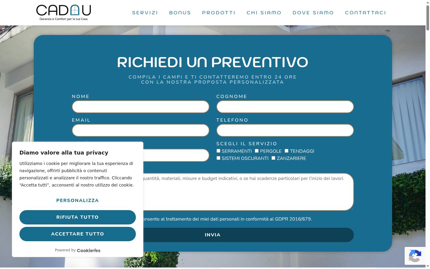 Screenshot del banner di consenso mostrato prima di qualsiasi interazione