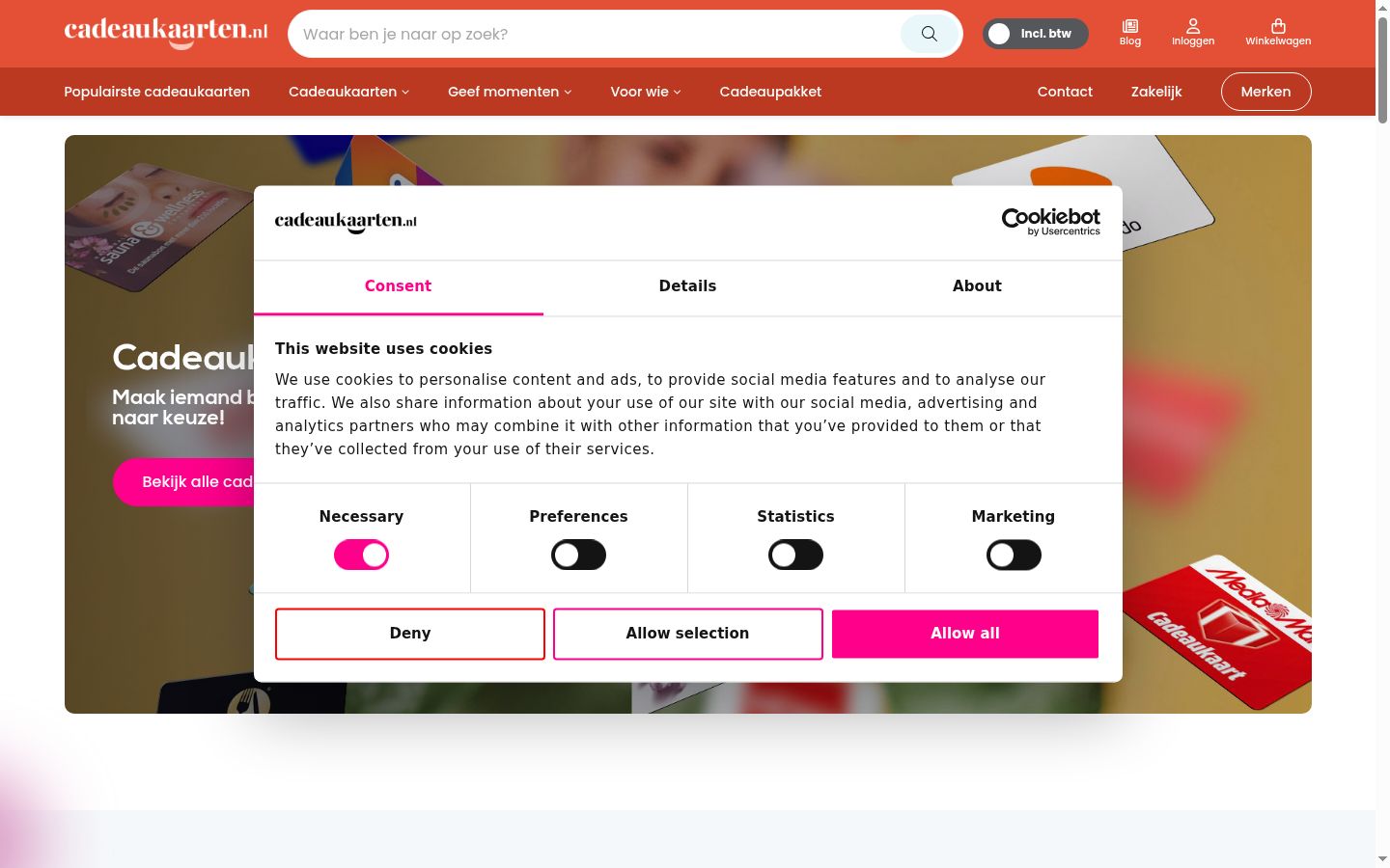 Screenshot del banner di consenso mostrato prima di qualsiasi interazione