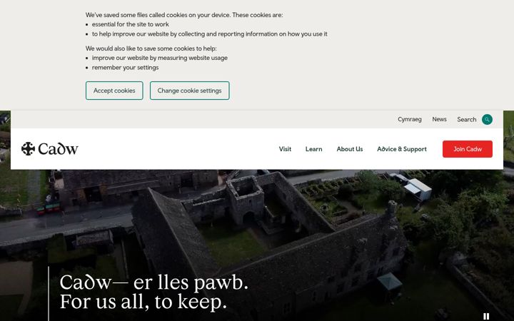 Screenshot van cadw.gov.wales