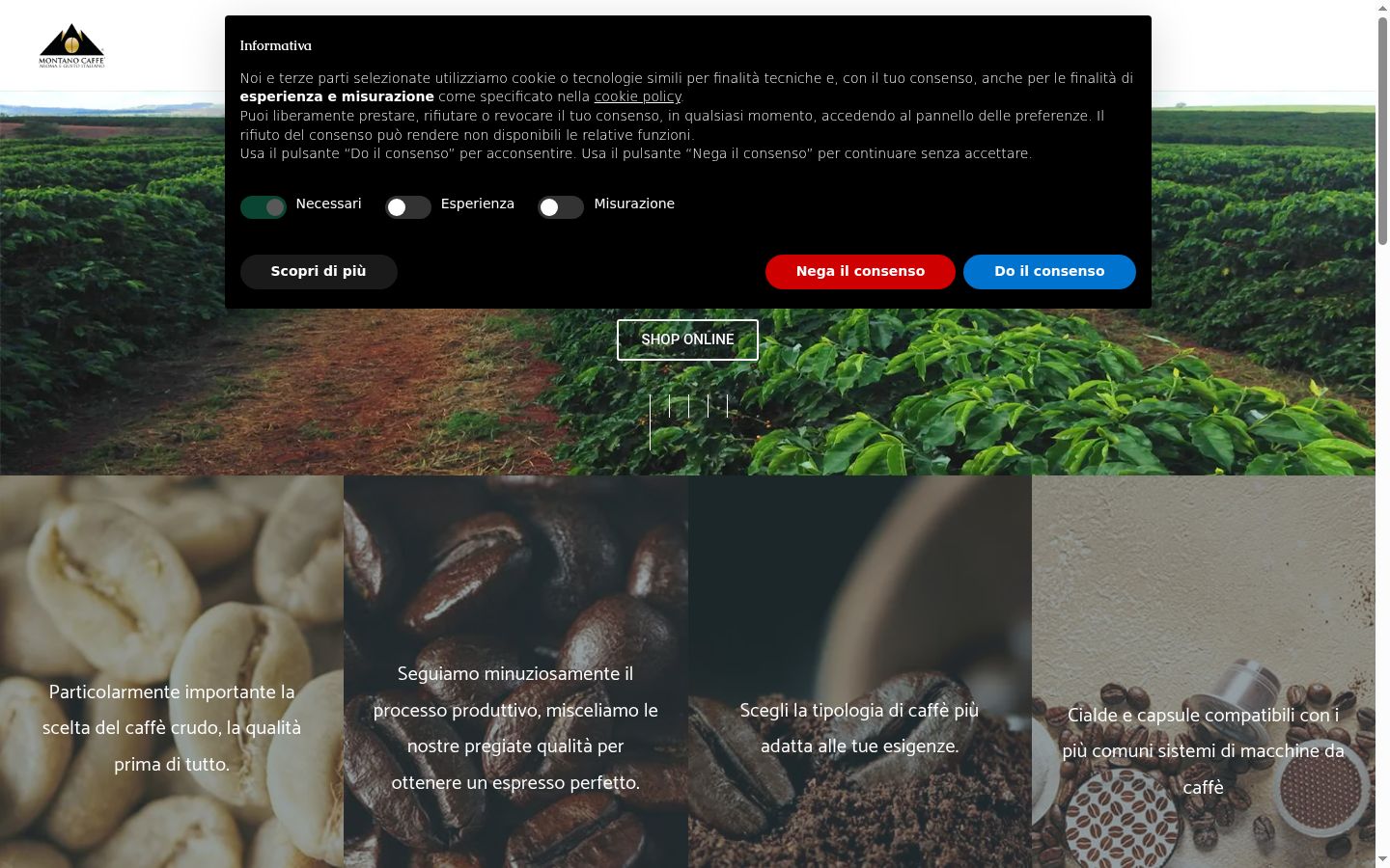 Screenshot del banner di consenso mostrato prima di qualsiasi interazione