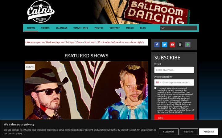 Screenshot of cainsballroom.com