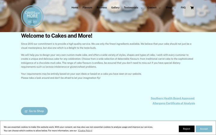 Screenshot stránky cakesandmore.ie