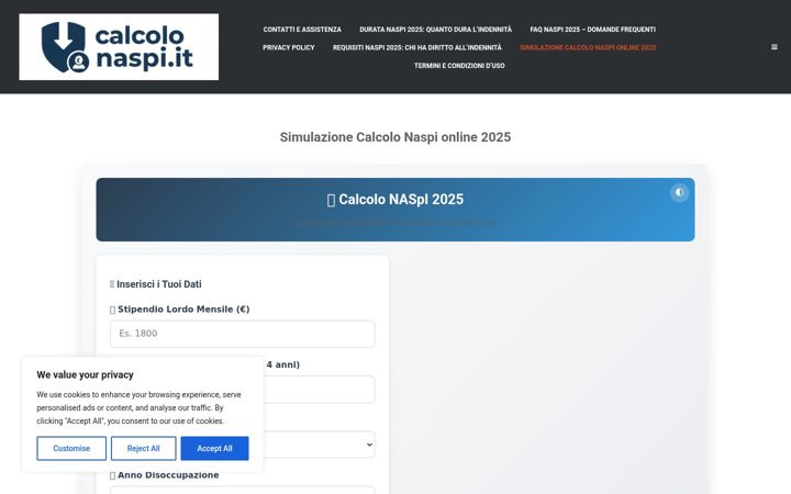 Screenshot of calcolonaspi.it