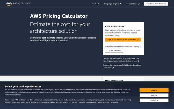 Screenshot of calculator.aws