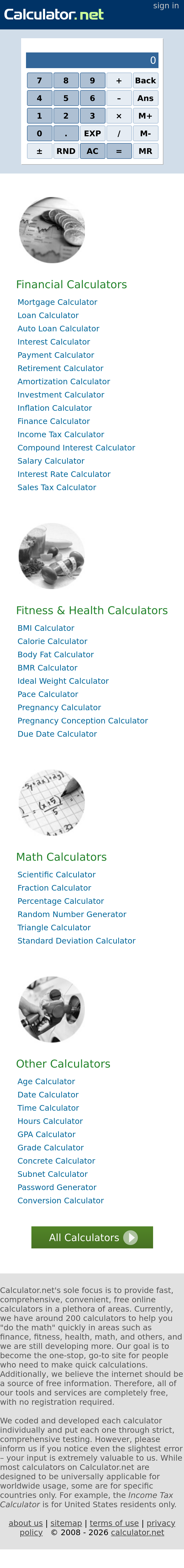 Mobile screenshot of calculator.net