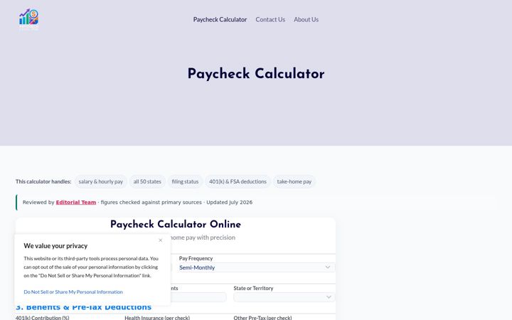 Screenshot of calculatorpaycheck.com