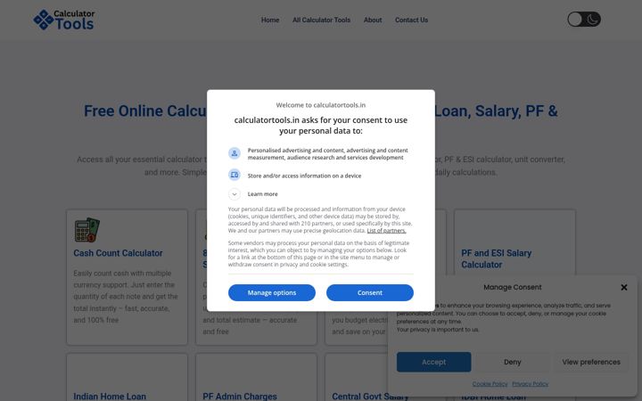 Ekrānuzņēmums no calculatortools.in