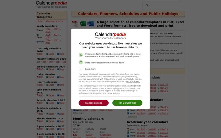 Screenshot of calendarpedia.com