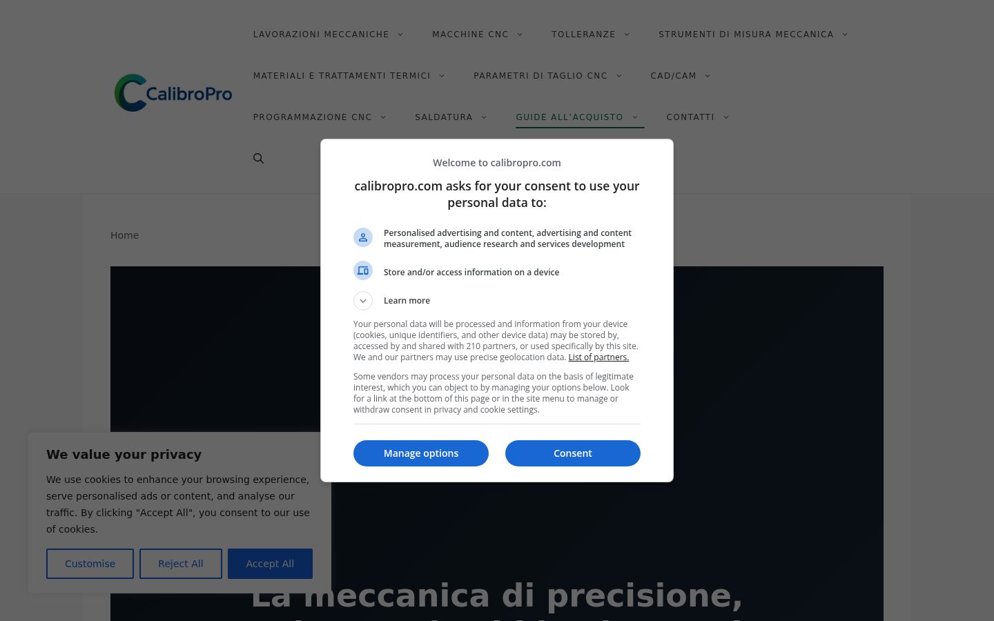 Screenshot del banner di consenso mostrato prima di qualsiasi interazione