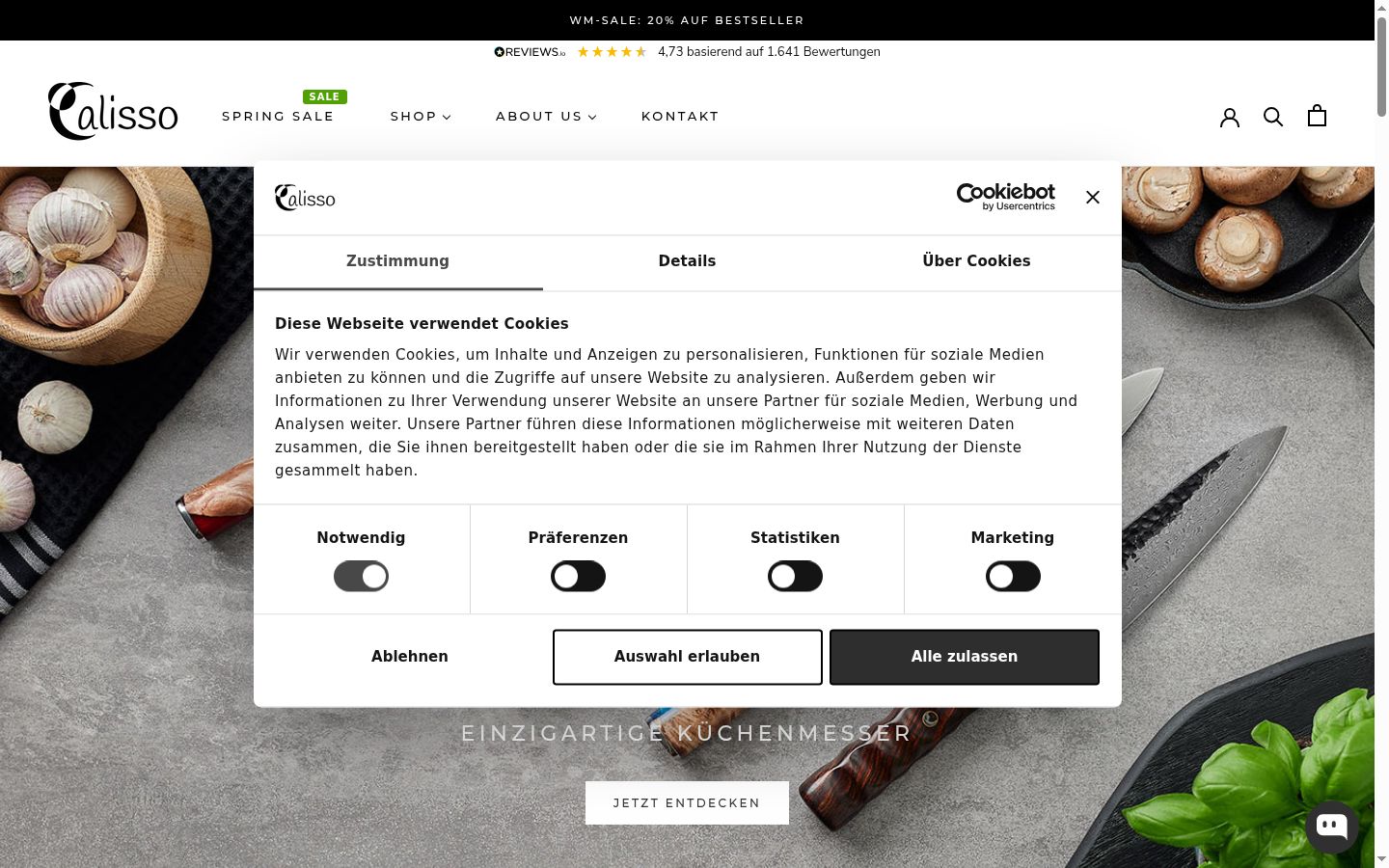 Screenshot des Einwilligungsbanners vor jeglicher Interaktion