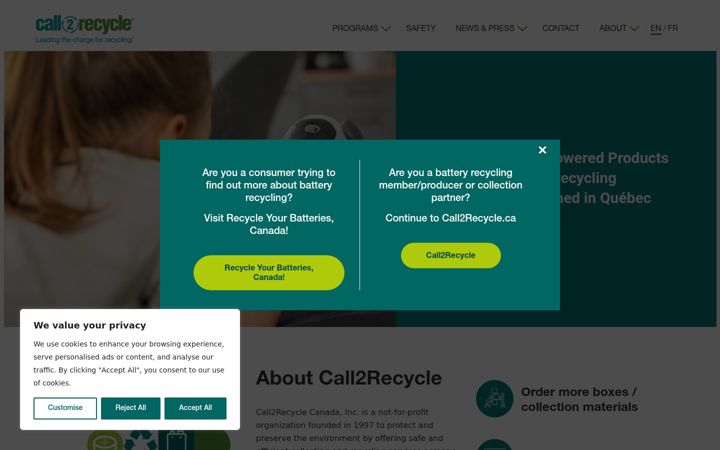 Snimka zaslona za call2recycle.ca