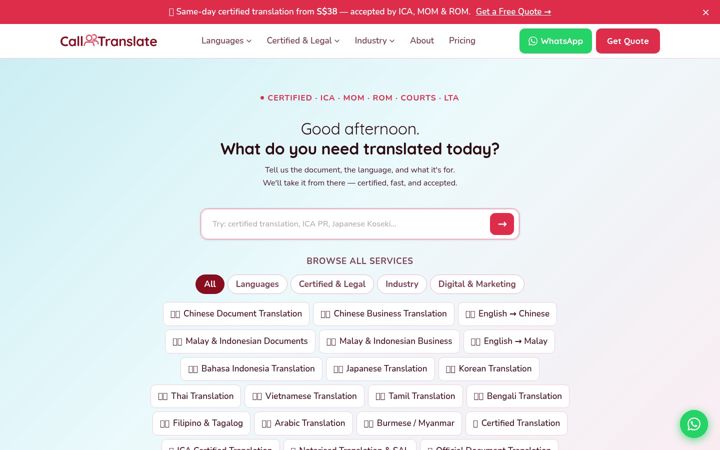 Screenshot of call2translate.com
