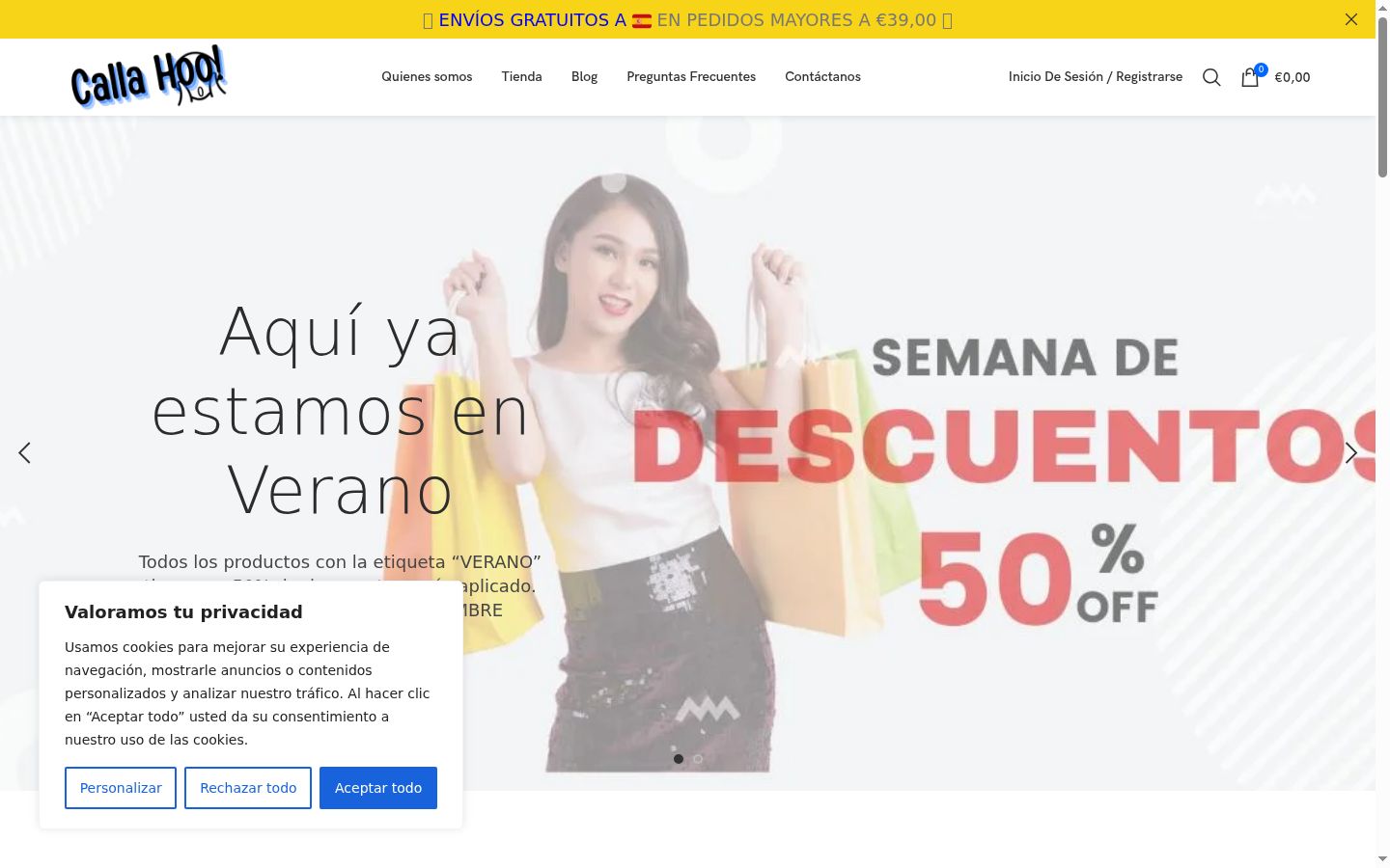 Captura de pantalla del banner de consentimiento mostrado antes de cualquier interacción