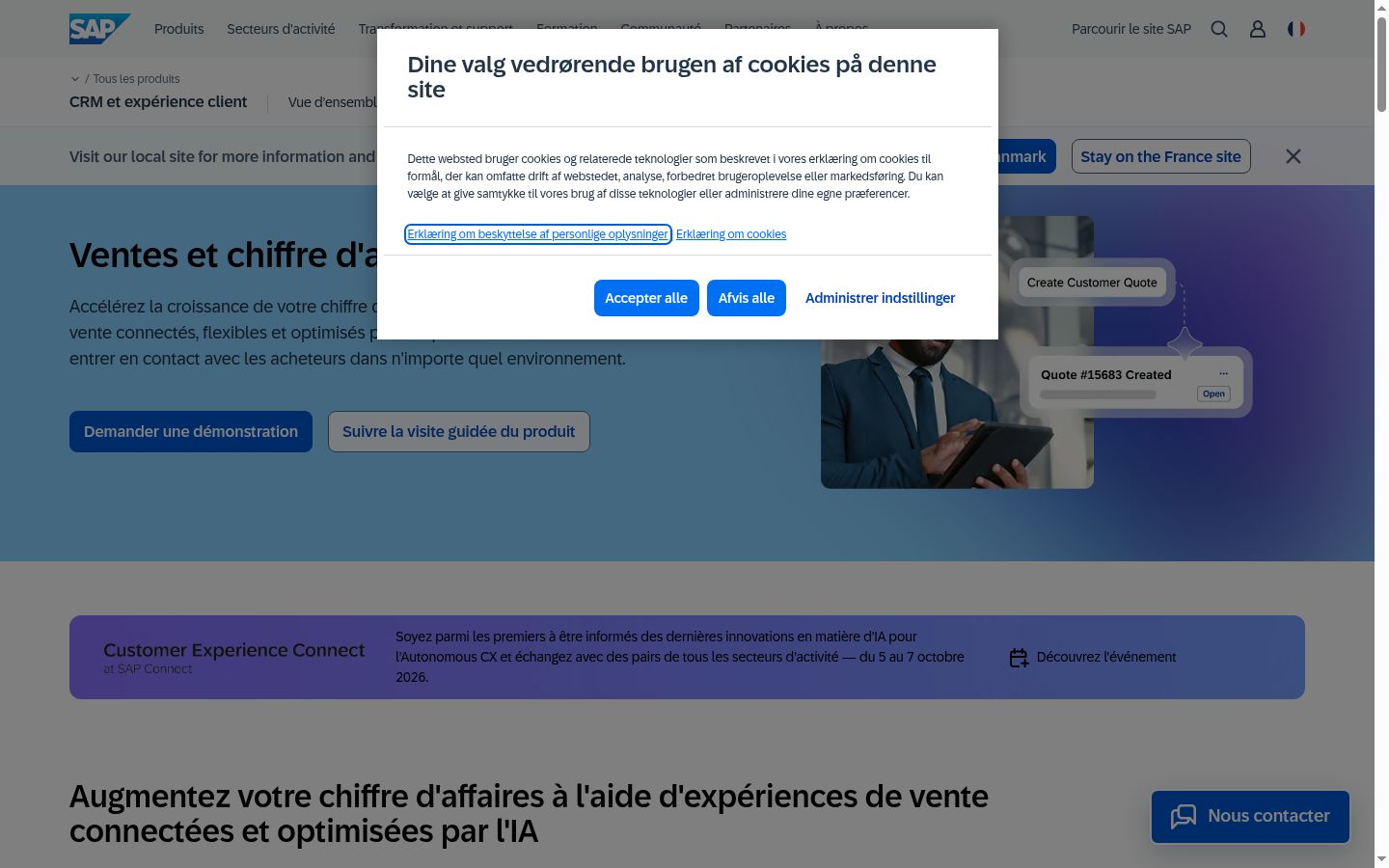 Captura de pantalla del banner de consentimiento mostrado antes de cualquier interacción