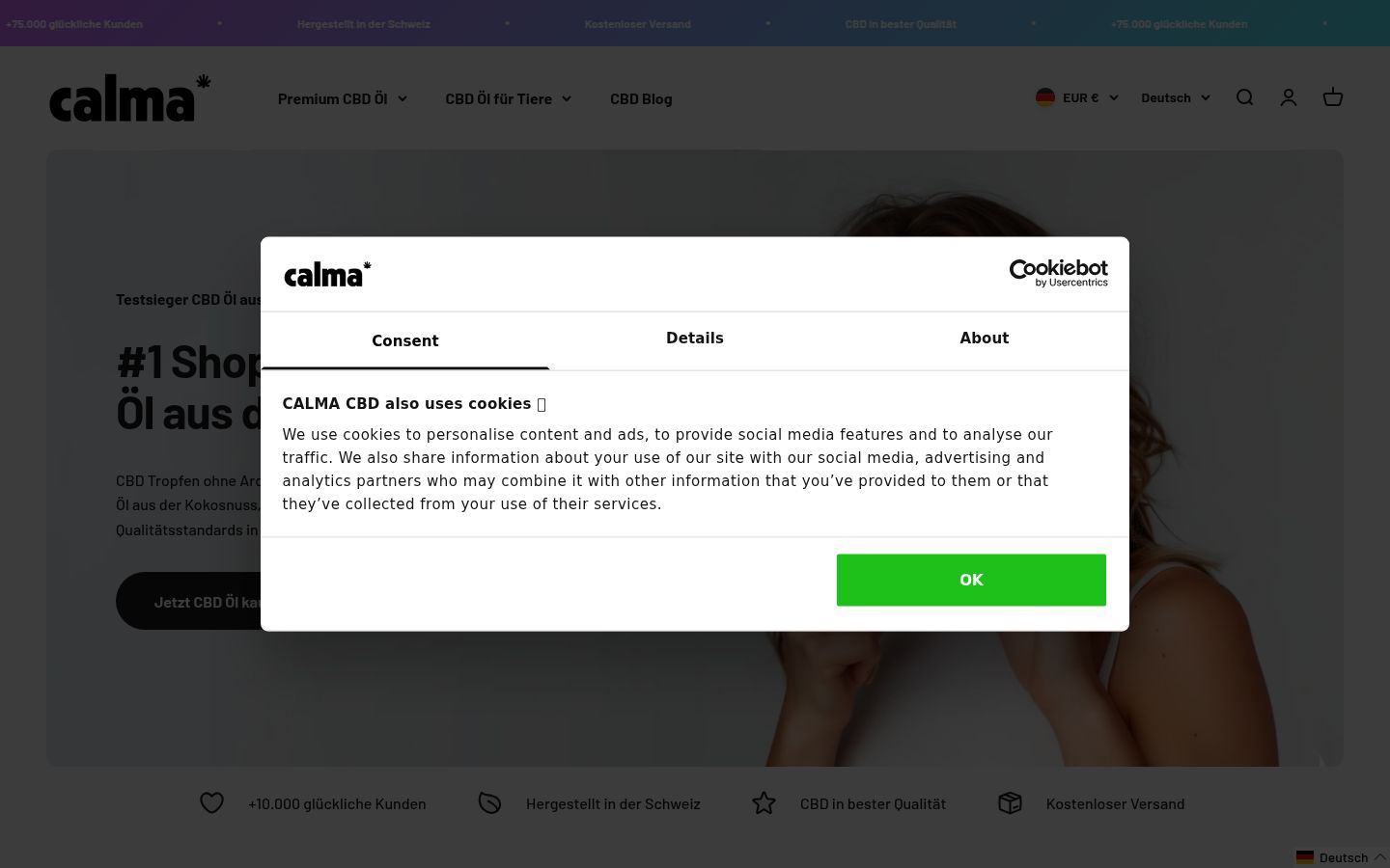 Captura de ecrã do banner de consentimento apresentado antes de qualquer interação