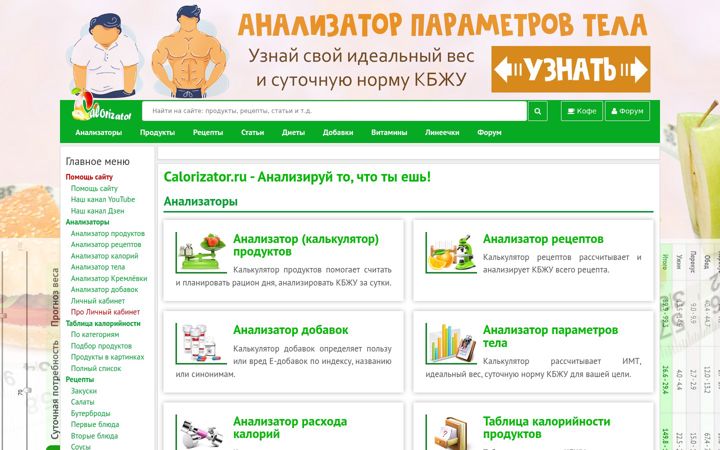 Screenshot ta' calorizator.ru