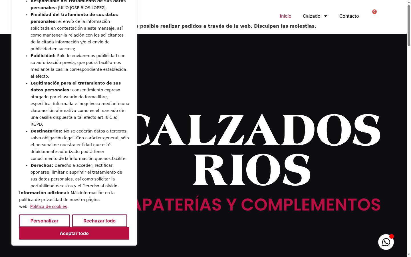Captura de ecrã do banner de consentimento apresentado antes de qualquer interação