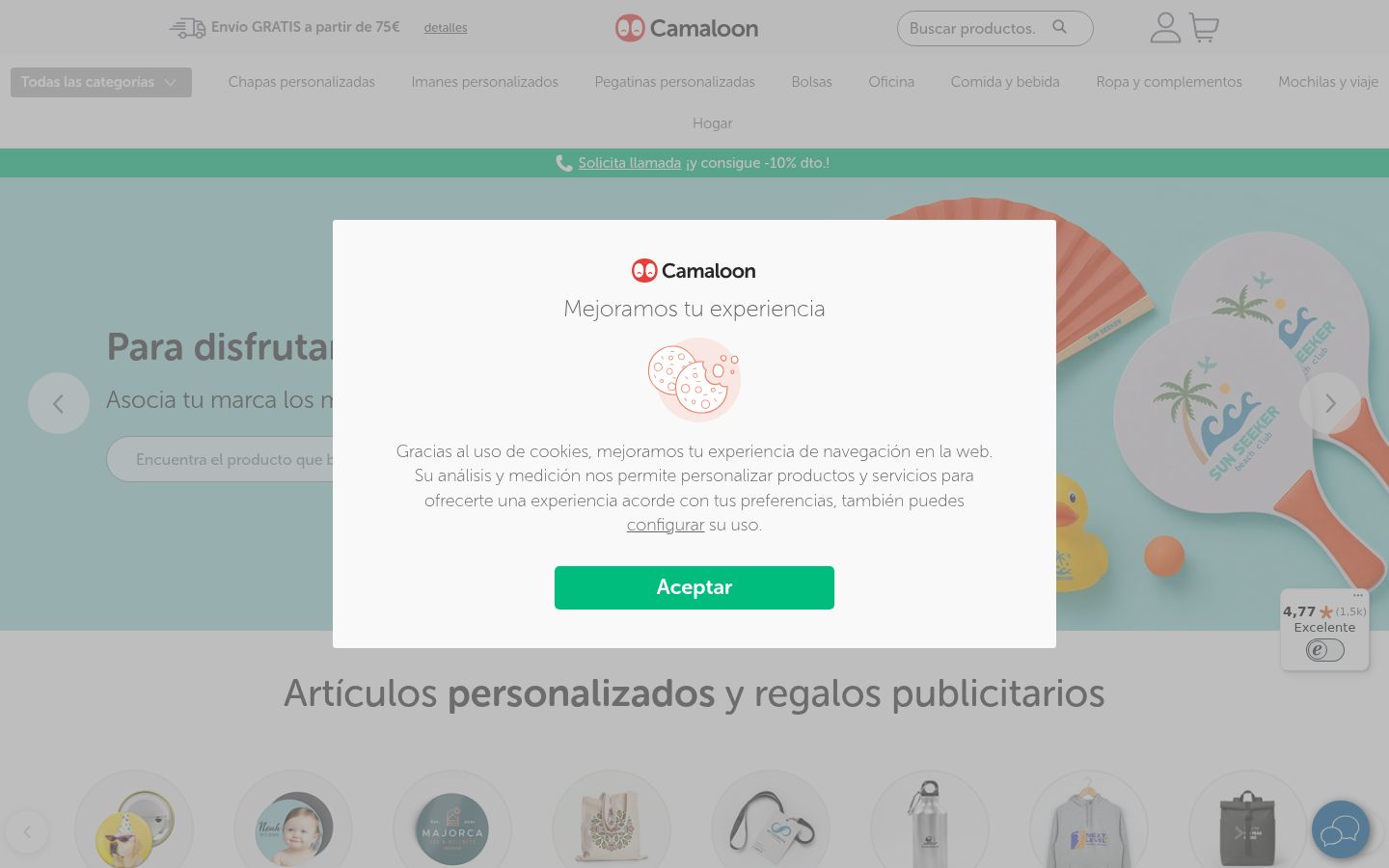 Captura de pantalla del banner de consentimiento mostrado antes de cualquier interacción