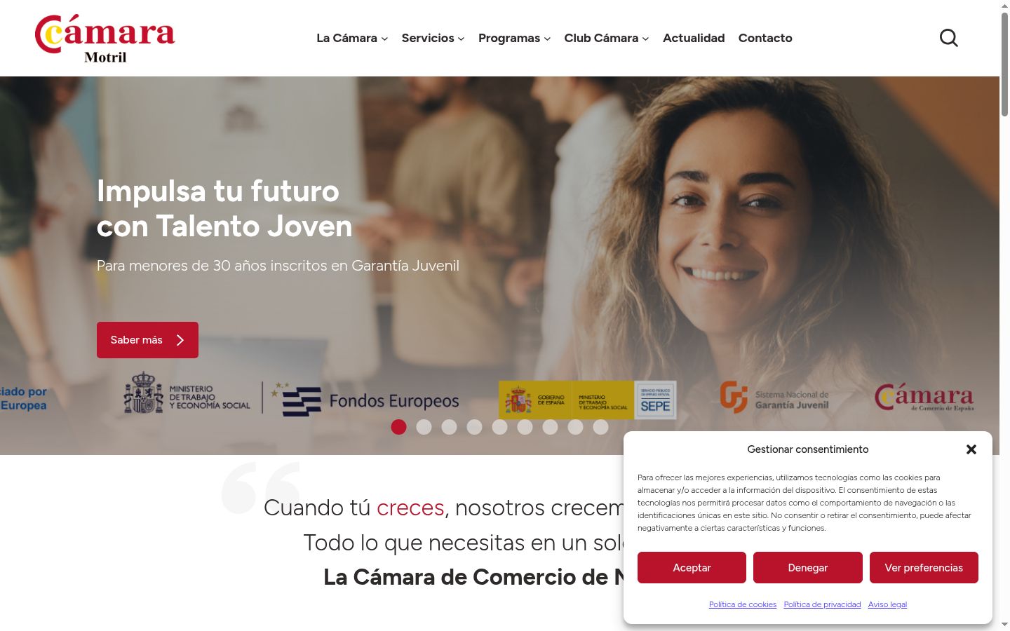 Captura de pantalla del banner de consentimiento mostrado antes de cualquier interacción