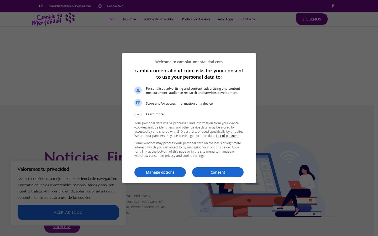 Captura de ecrã do banner de consentimento apresentado antes de qualquer interação