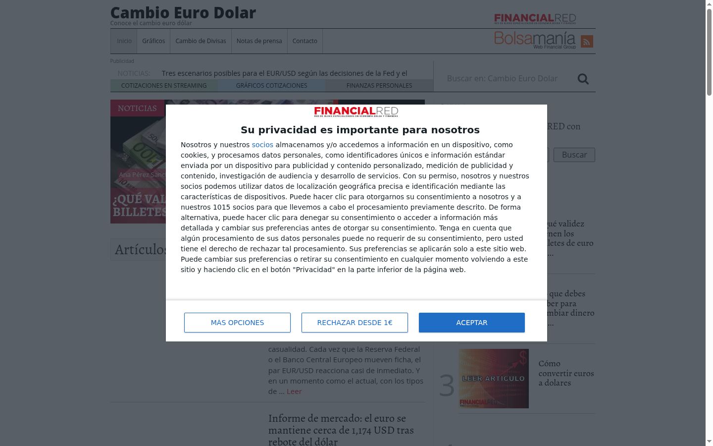Captura de pantalla del banner de consentimiento mostrado antes de cualquier interacción