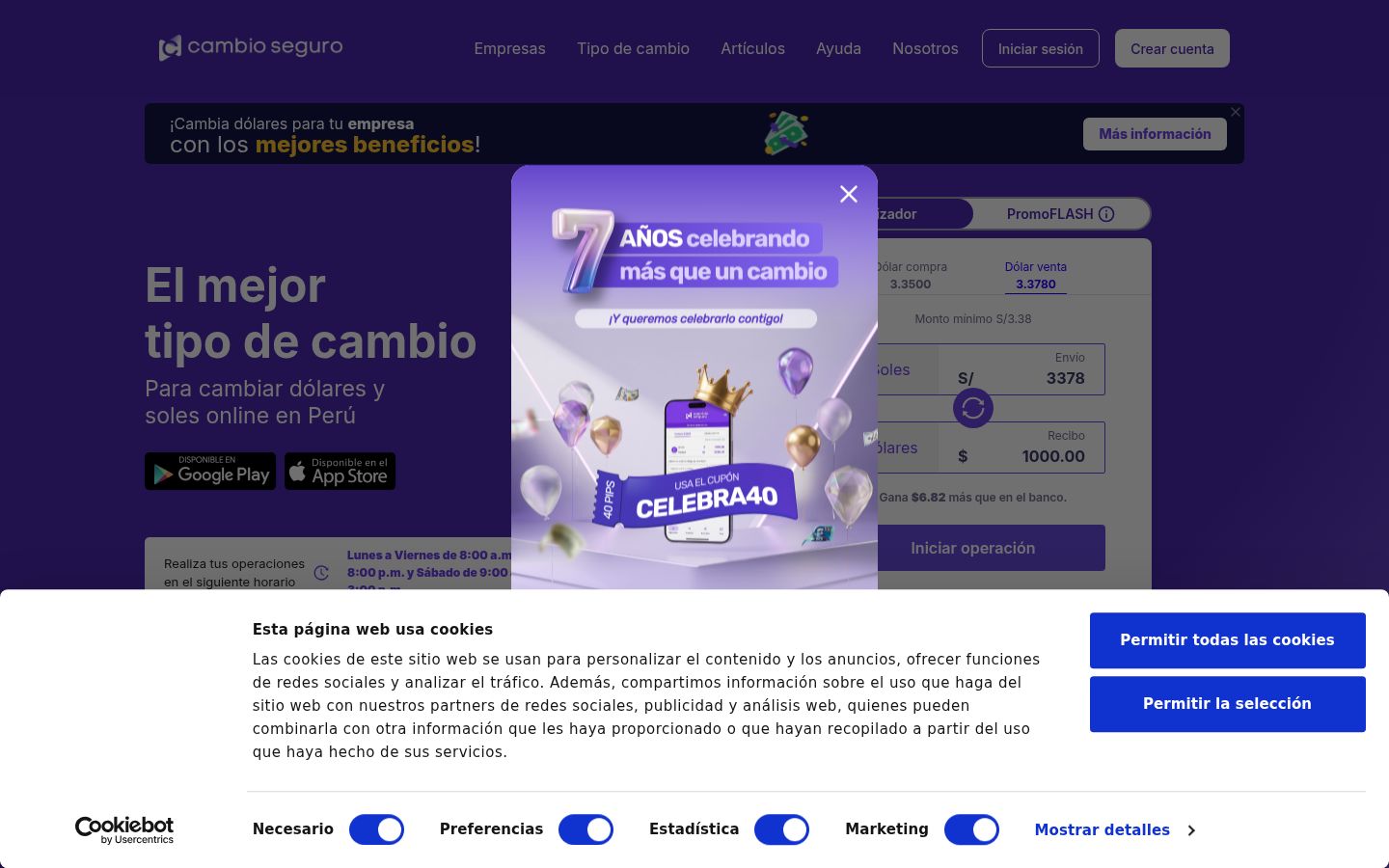 Captura de pantalla del banner de consentimiento mostrado antes de cualquier interacción