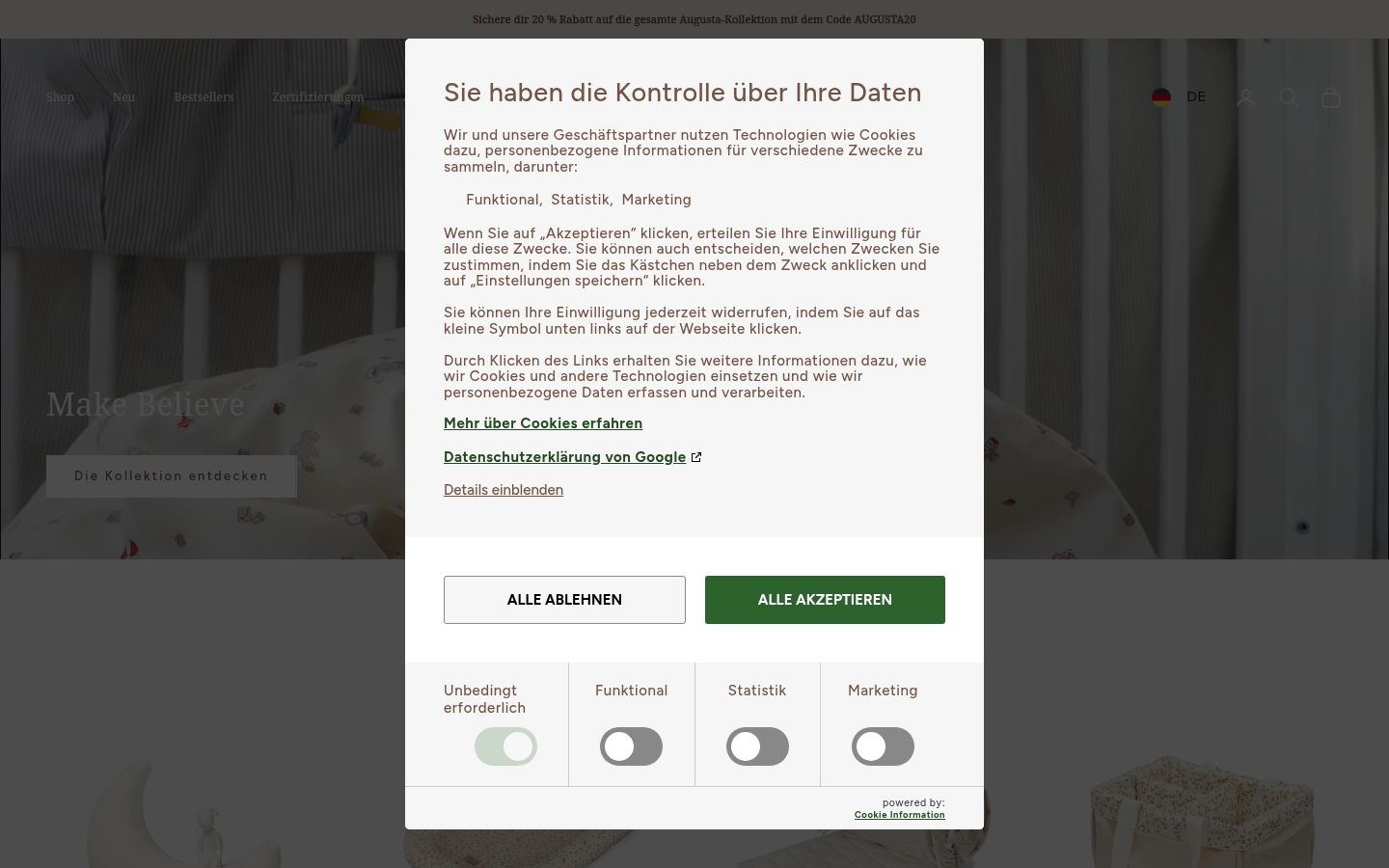 Sutikimo reklamjuostės, rodytos prieš bet kokią sąveiką, ekrano kopija