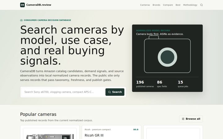 Screenshot of cameradb.review