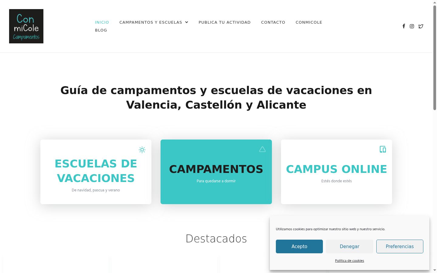 Captura de pantalla del banner de consentimiento mostrado antes de cualquier interacción