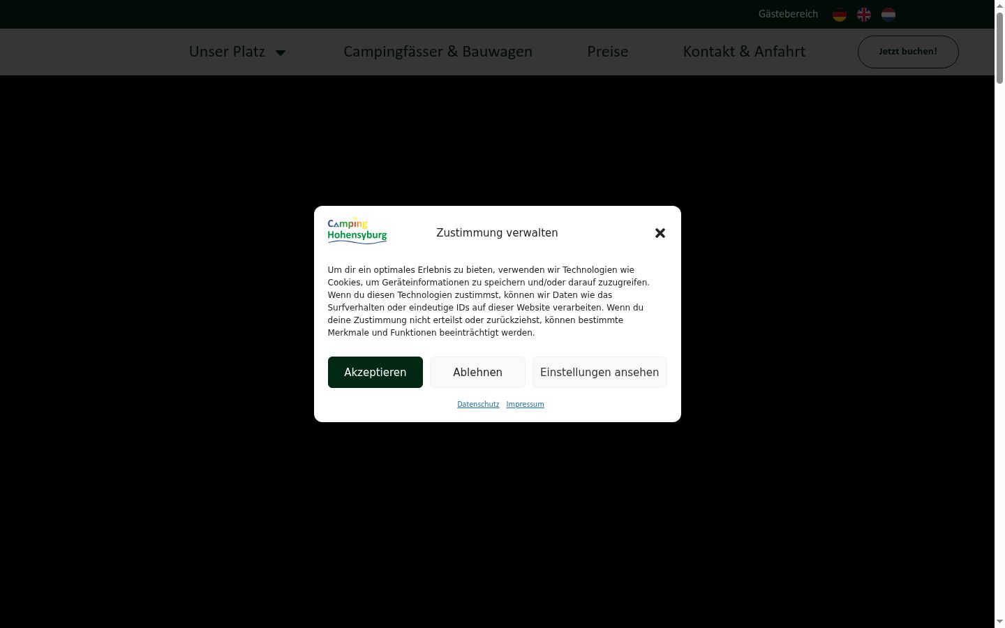 Screenshot des Einwilligungsbanners vor jeglicher Interaktion