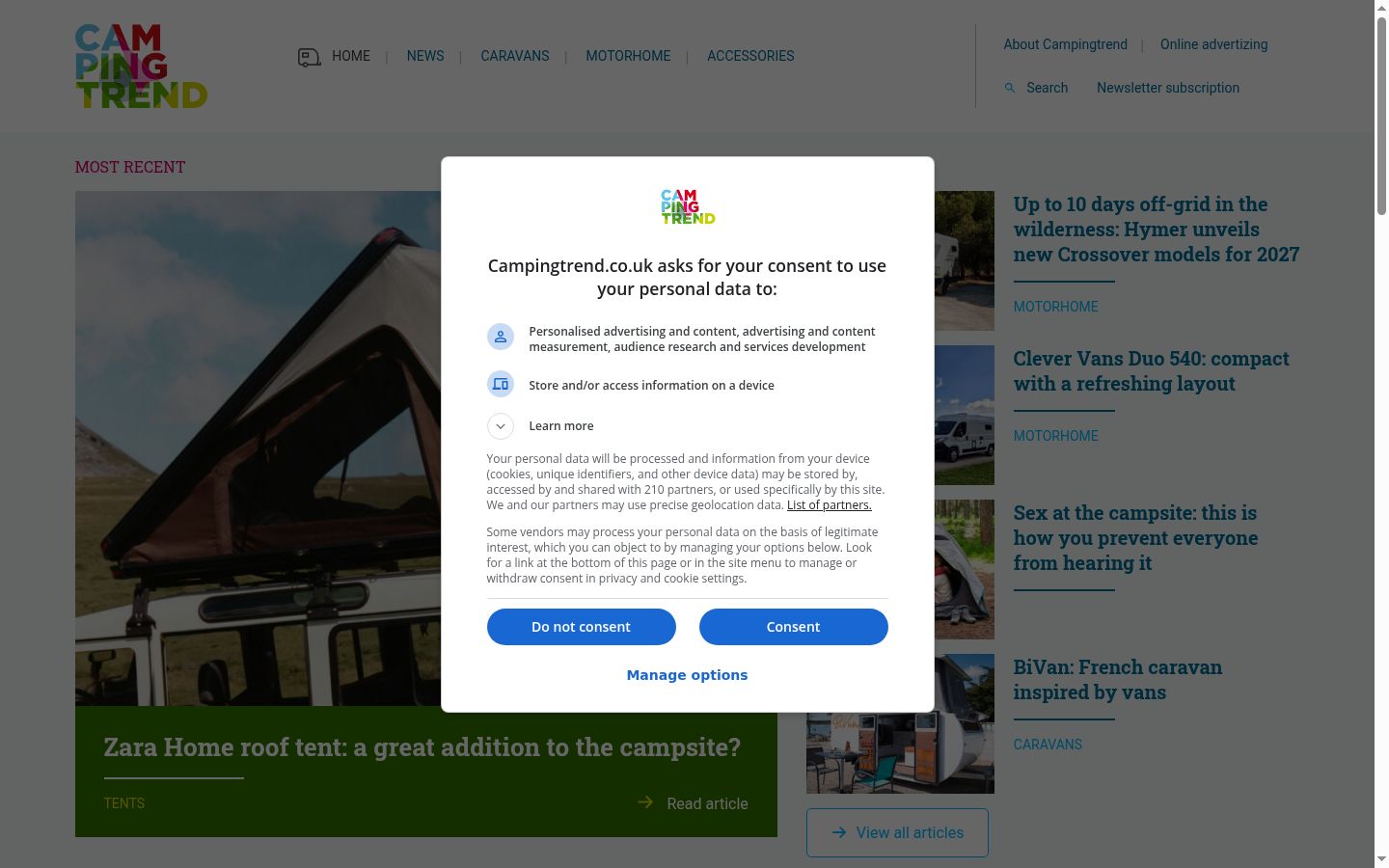 Snímka obrazovky banera súhlasu zobrazeného pred akoukoľvek interakciou