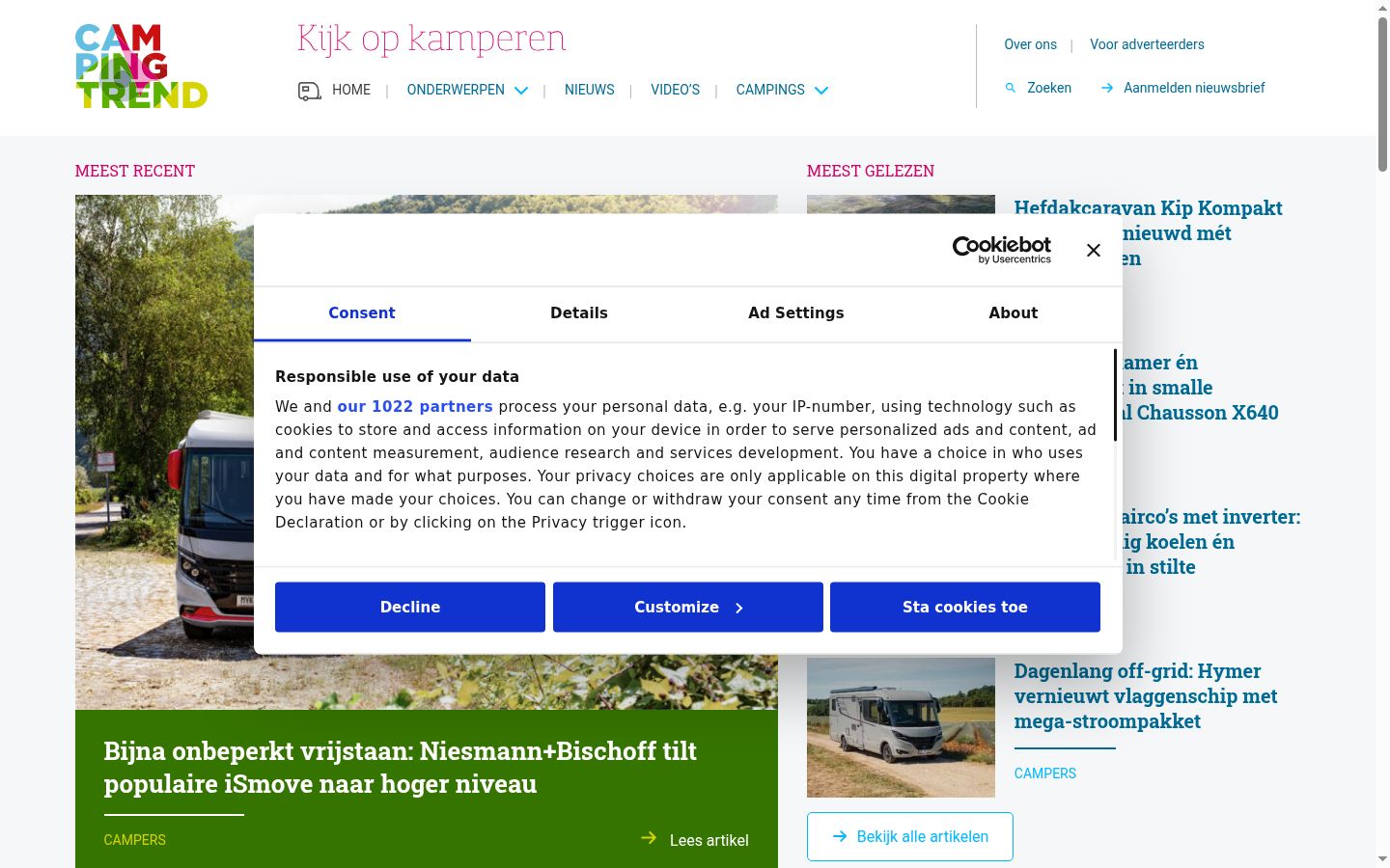 Skærmbillede af samtykkebanneret, som det blev vist før nogen interaktion