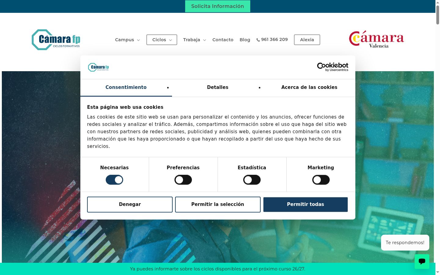 Captura de ecrã do banner de consentimento apresentado antes de qualquer interação