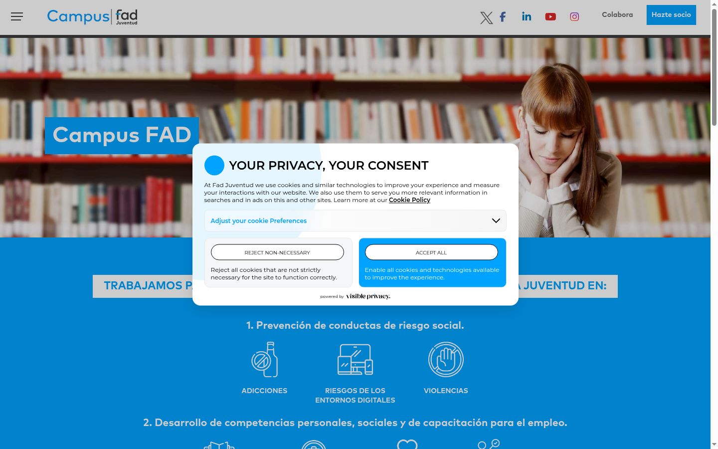 Capture d'écran de la bannière de consentement affichée avant toute interaction