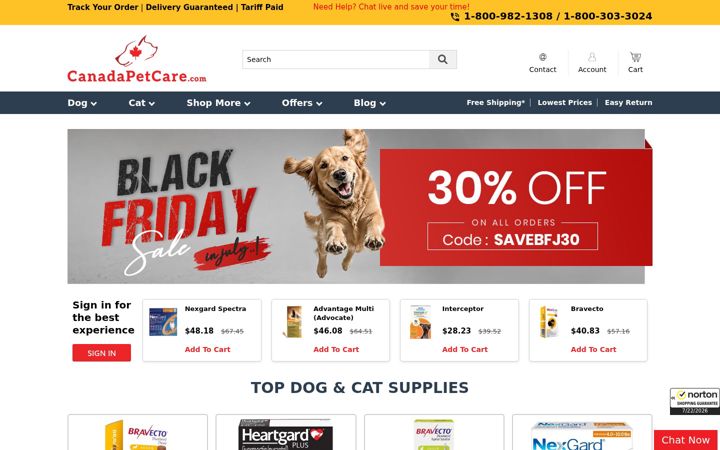 Snímek obrazovky canadapetcare.com