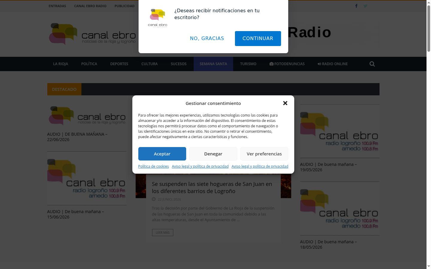 Captura de pantalla del banner de consentimiento mostrado antes de cualquier interacción