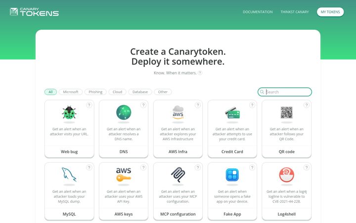 Screenshot of canarytokens.org