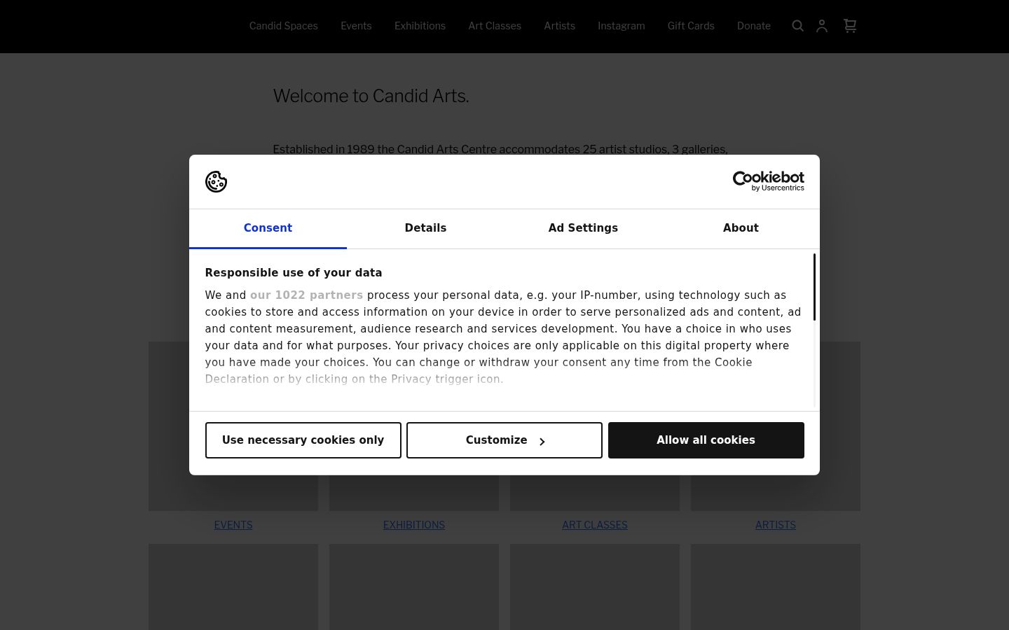 Screenshot del banner di consenso mostrato prima di qualsiasi interazione